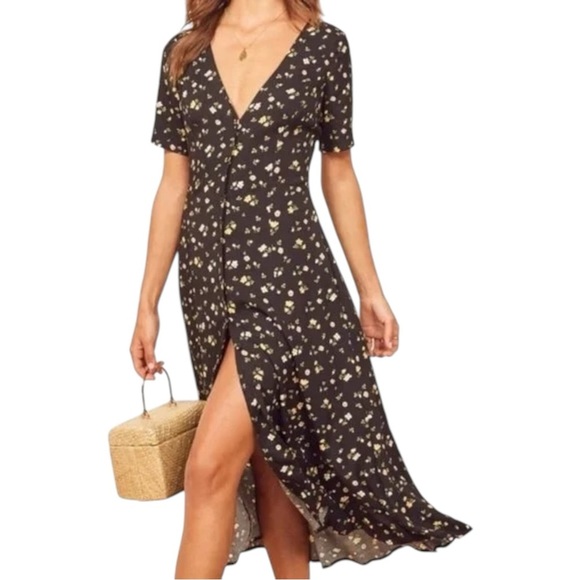 REFORMATION Locklin Midi Dress in Venezia Black Floral Crepe Short Sleeve XS 0 - Picture 11 of 11